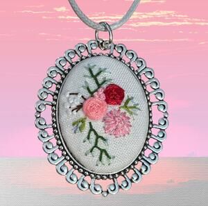 Handmade Pink Bouquet Cameo Necklace Embroidery Botanical Pendant